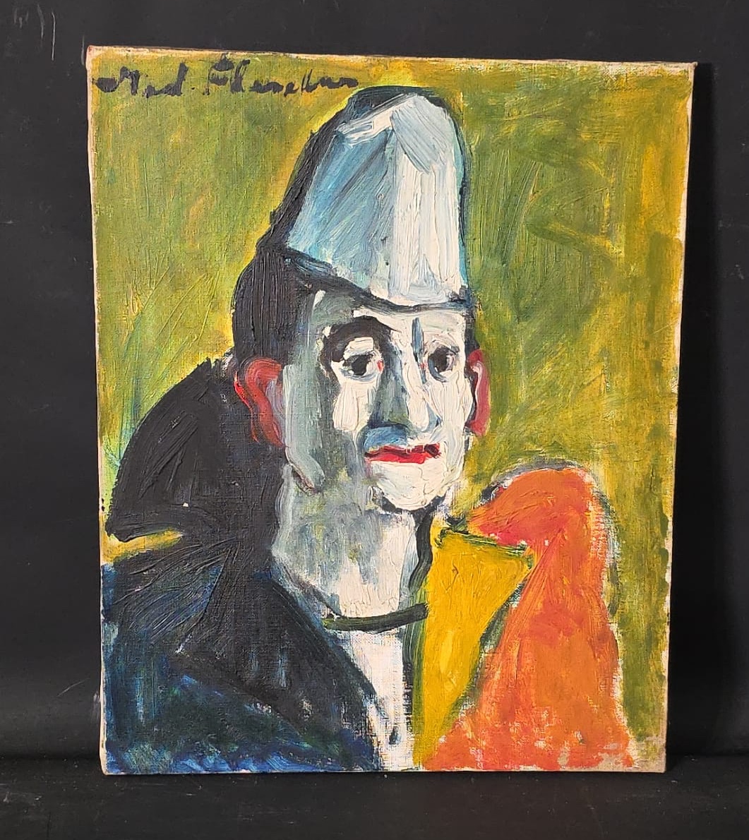 Tableau huile, portrait de clown de cirque signé :Madeleine FLESCHNER