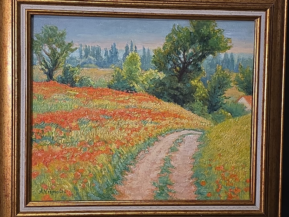 Tableau huile: Champs de coquelicots à Chérisy signé André Vignoles XXème-photo-3