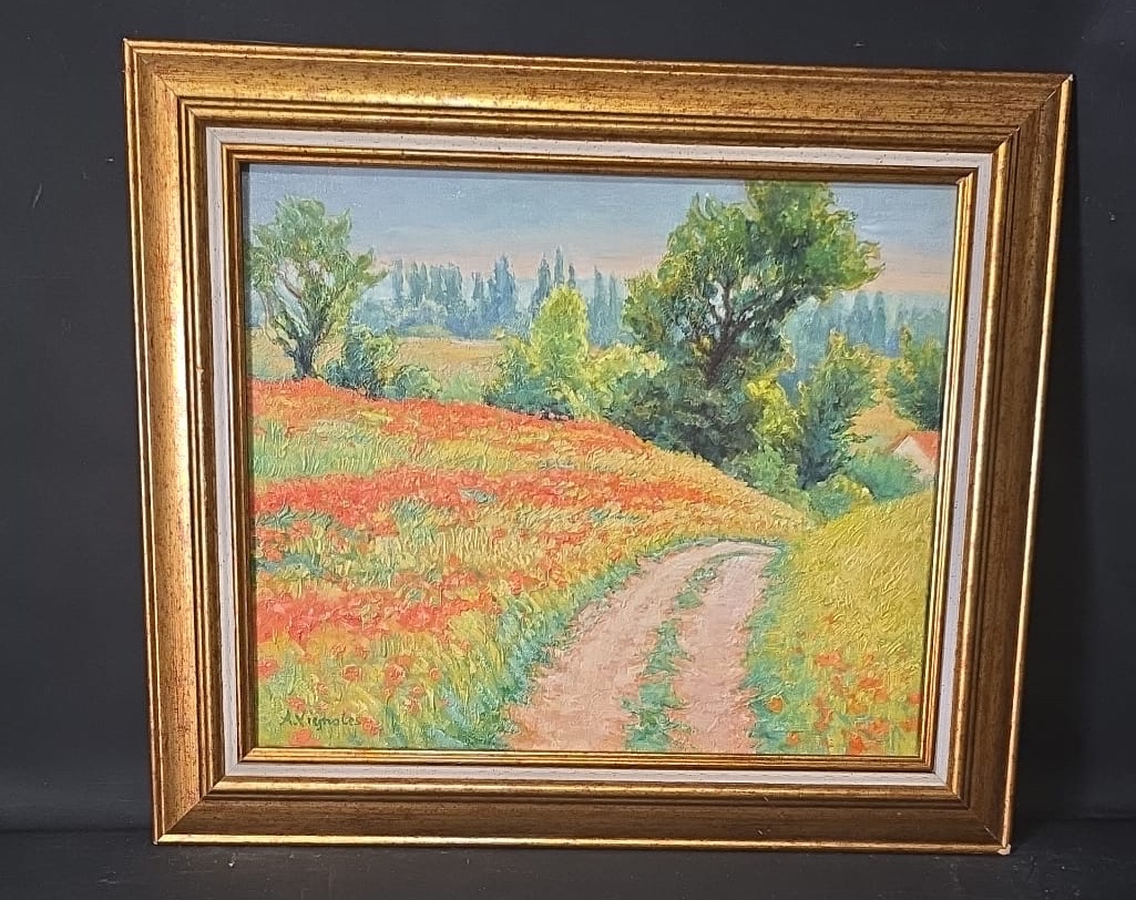 Tableau huile: Champs de coquelicots à Chérisy signé André Vignoles XXème