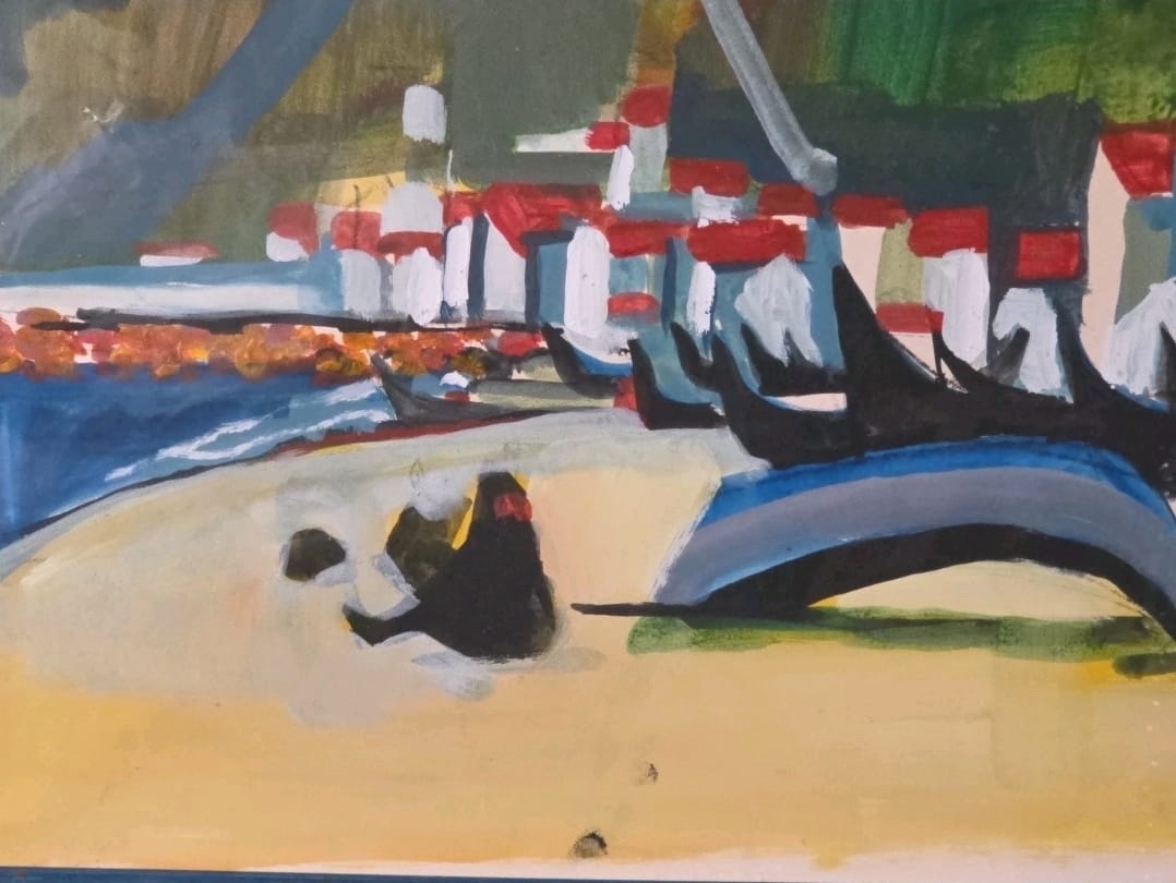 Tableau Marine bord de mer bateaux signé Georges BRIATA (1933-2019)-photo-2
