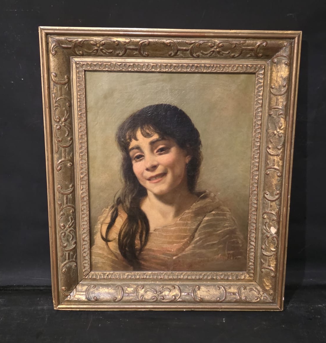 Antique Oil Painting Portrait Of An Orientalist Girl Signed In The 19th Century
