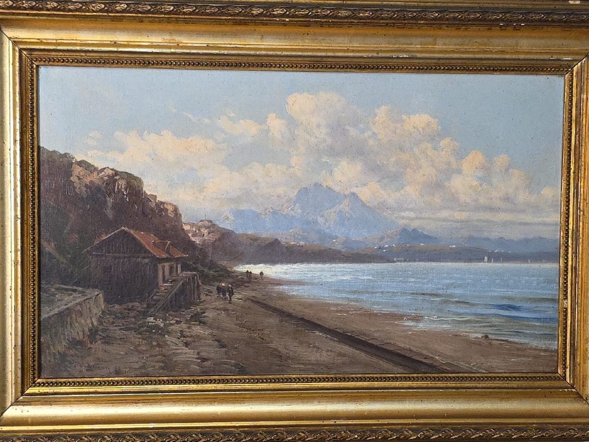 Tableau huile Côte Basque paysage marin animé signé Emile Godchaux (1860-1938)-photo-2