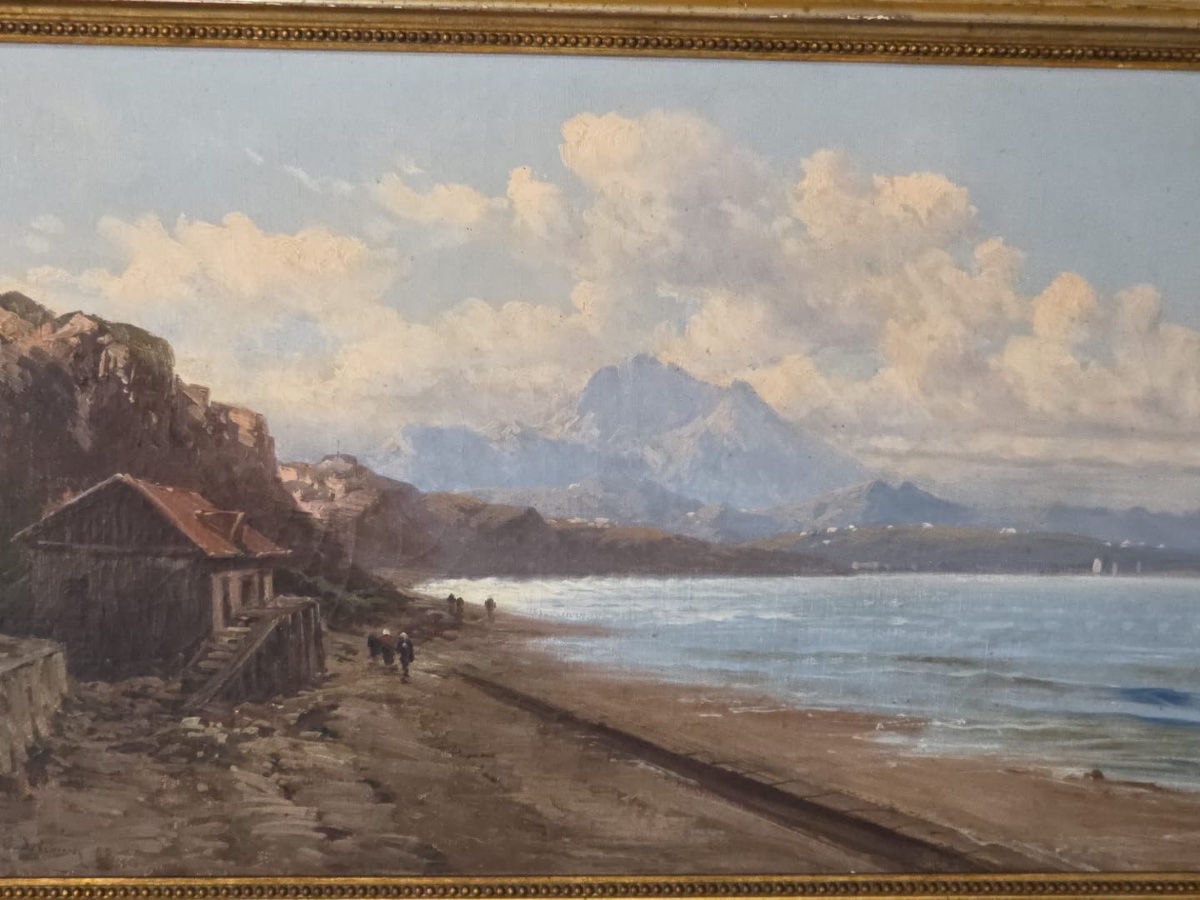 Tableau huile Côte Basque paysage marin animé signé Emile Godchaux (1860-1938)-photo-3