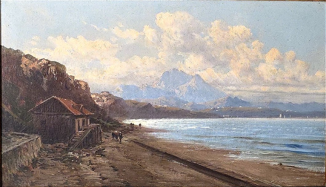 Tableau huile Côte Basque paysage marin animé signé Emile Godchaux (1860-1938)-photo-2