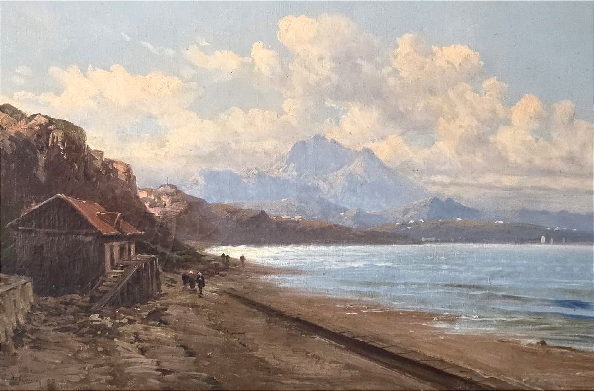 Tableau huile Côte Basque paysage marin animé signé Emile Godchaux (1860-1938)-photo-3