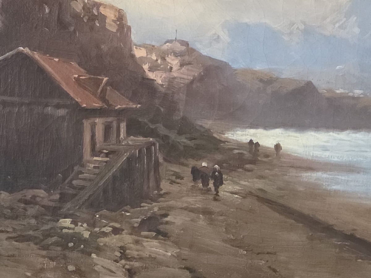 Tableau huile Côte Basque paysage marin animé signé Emile Godchaux (1860-1938)-photo-2