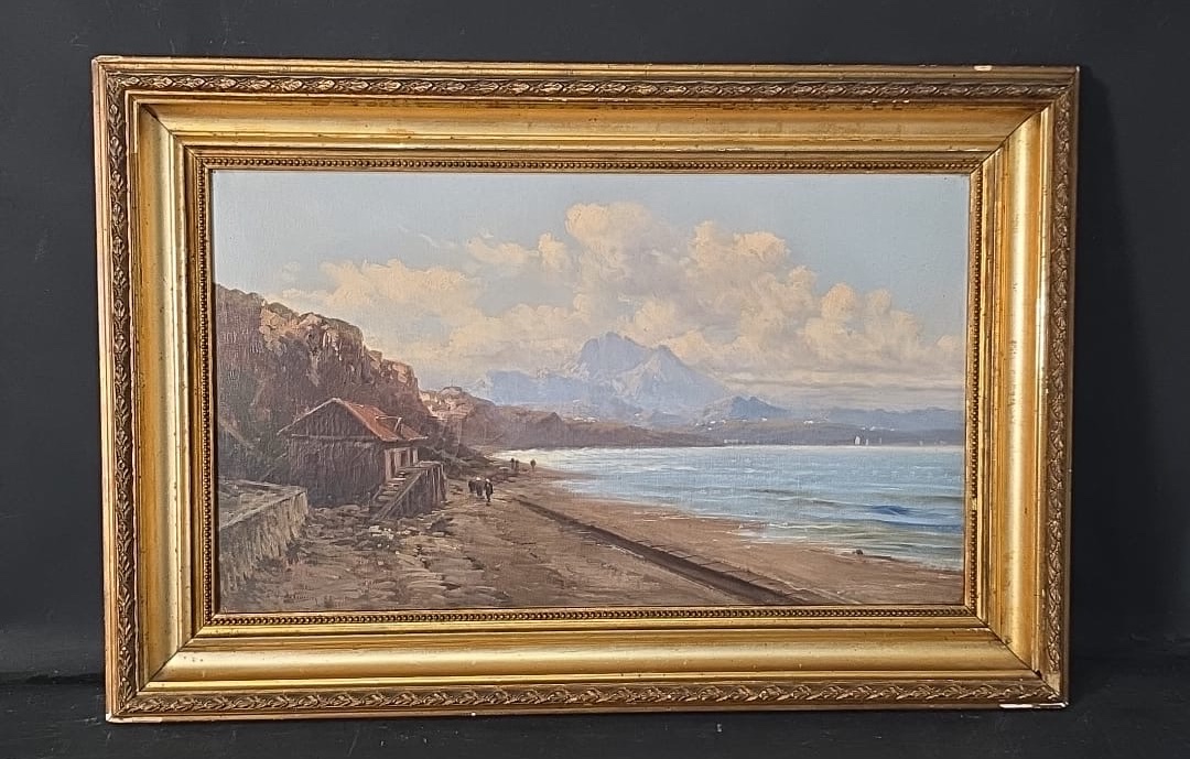 Tableau huile Côte Basque paysage marin animé signé Emile Godchaux (1860-1938)