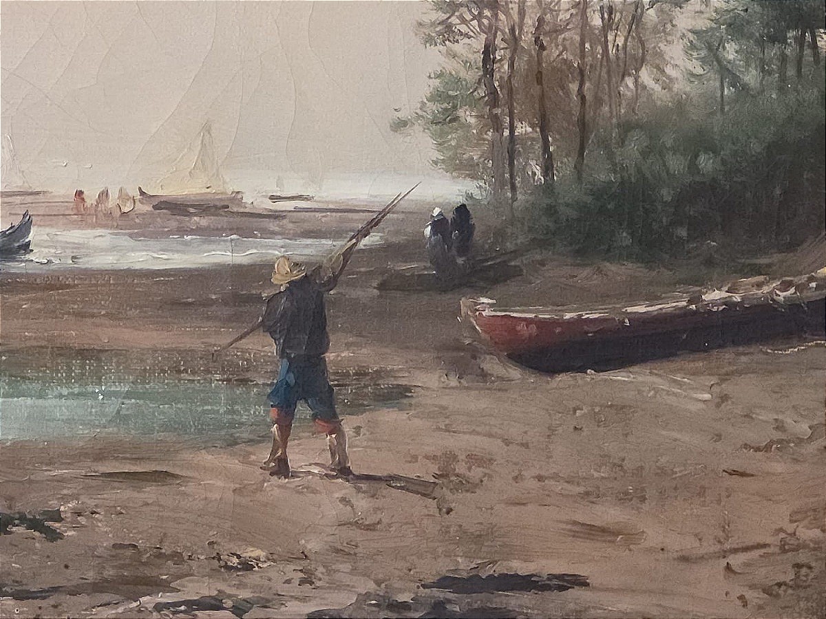 Tableau huile Côte Basque paysage marin animé signé Emile Godchaux (1860-1938)-photo-2