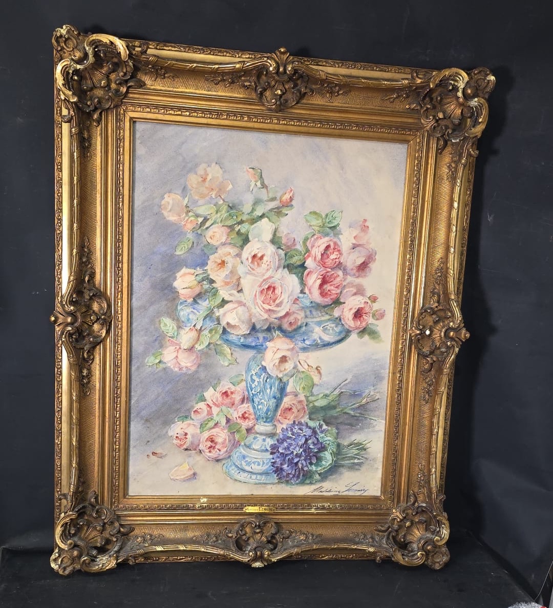 Watercolor Painting Still Life Roses Peony Signed Madeleine Lemaire (1845-1928)