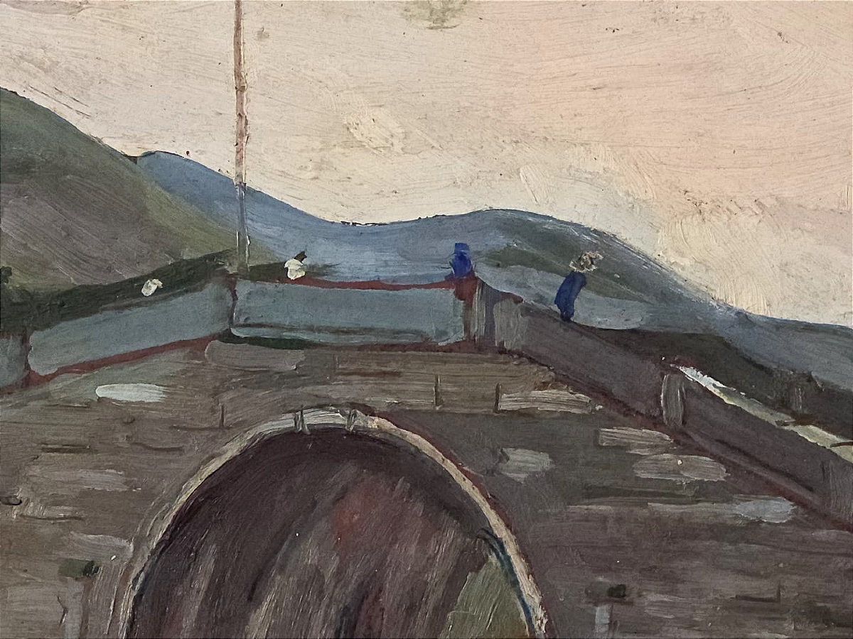 Tableau huile pont rivière Chine signé Victor Stepanovich Podgoursky (1893-1969)-photo-2