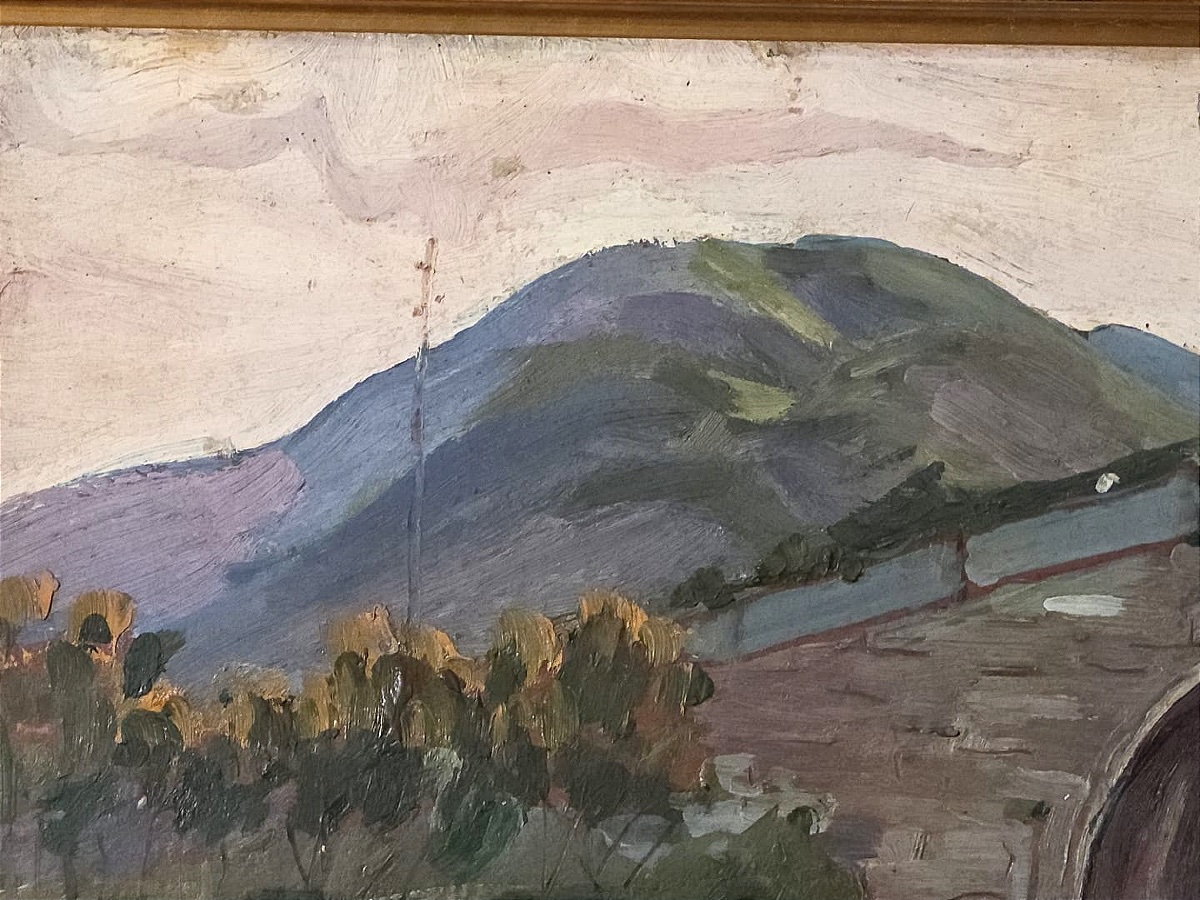 Tableau huile pont rivière Chine signé Victor Stepanovich Podgoursky (1893-1969)-photo-5