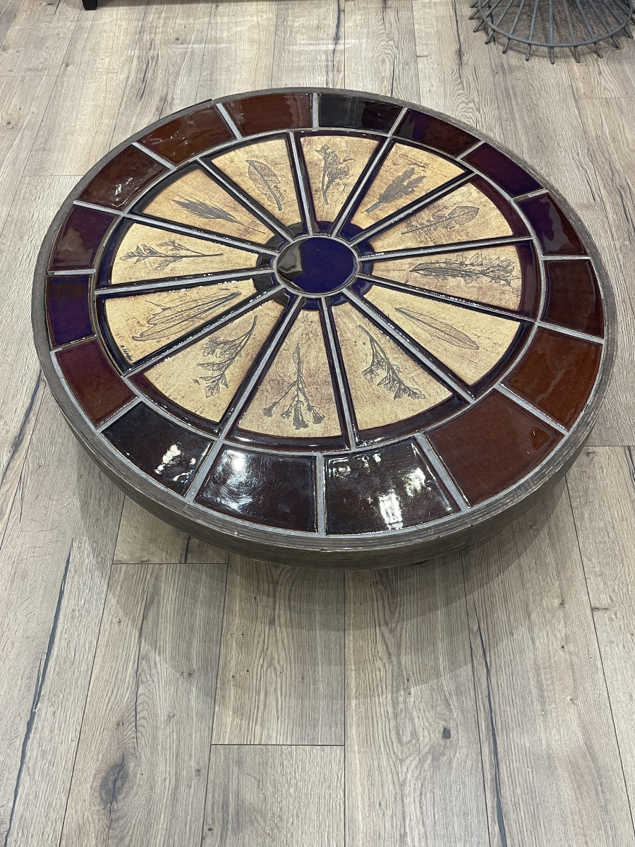 Roger CAPRON ( 1922 - 2006) Table basse Herbarium en céramique émaillée et bois -photo-1