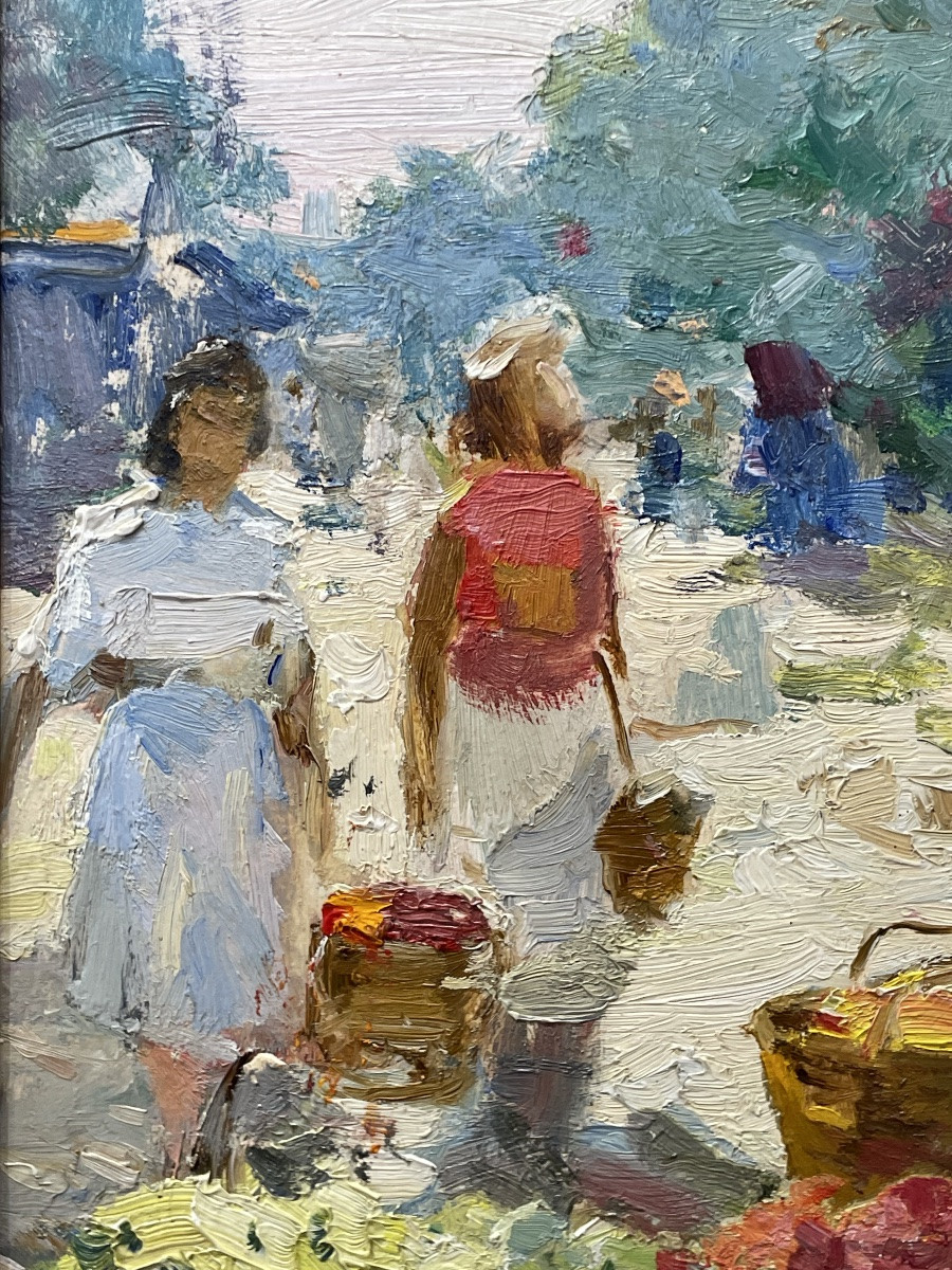 Galina Denisovna Zorya, Known As Galina Zoria (1915-2002) - Market Scene, Oil On Paper -photo-1