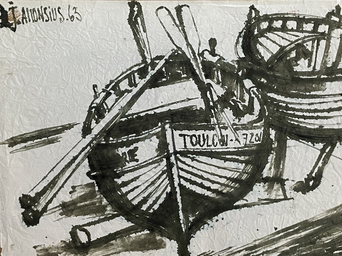 ALLONSIUS Daniel Jacques ( 1923 - 1995) bateaux Toulon, technique mixte sur papier -photo-3