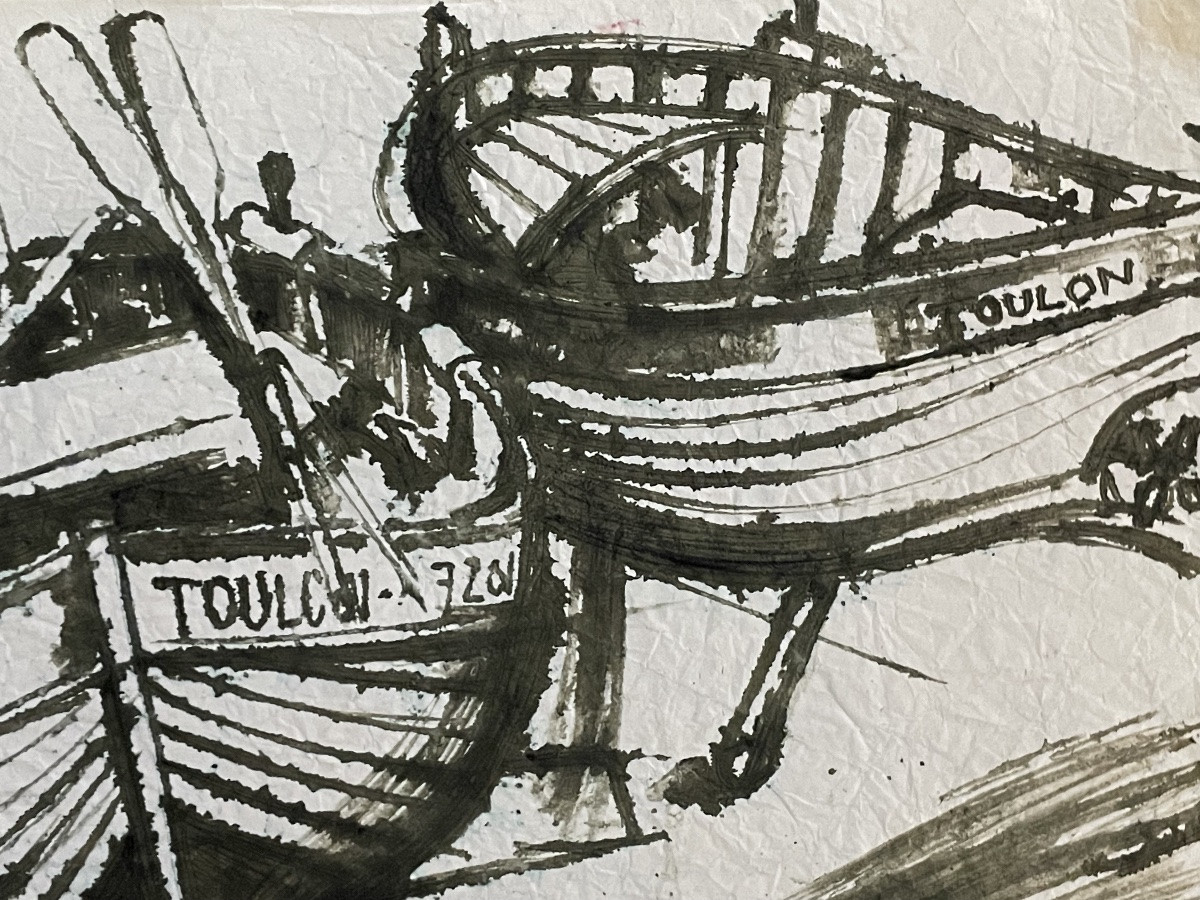 ALLONSIUS Daniel Jacques ( 1923 - 1995) bateaux Toulon, technique mixte sur papier -photo-4