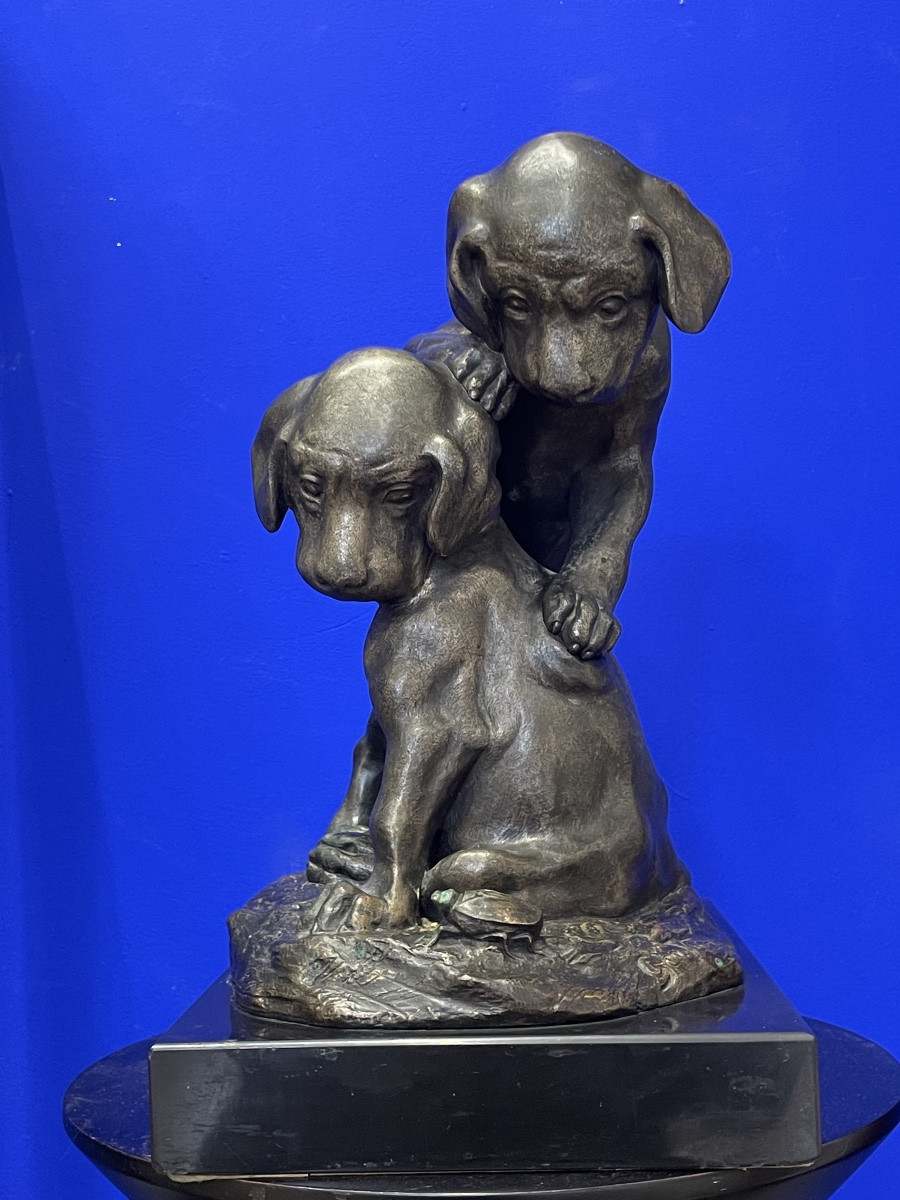 Vacossin Georges Lucien (1870 - 1942) The Two Puppies On The Lookout For A Beetle - Bronze -photo-3