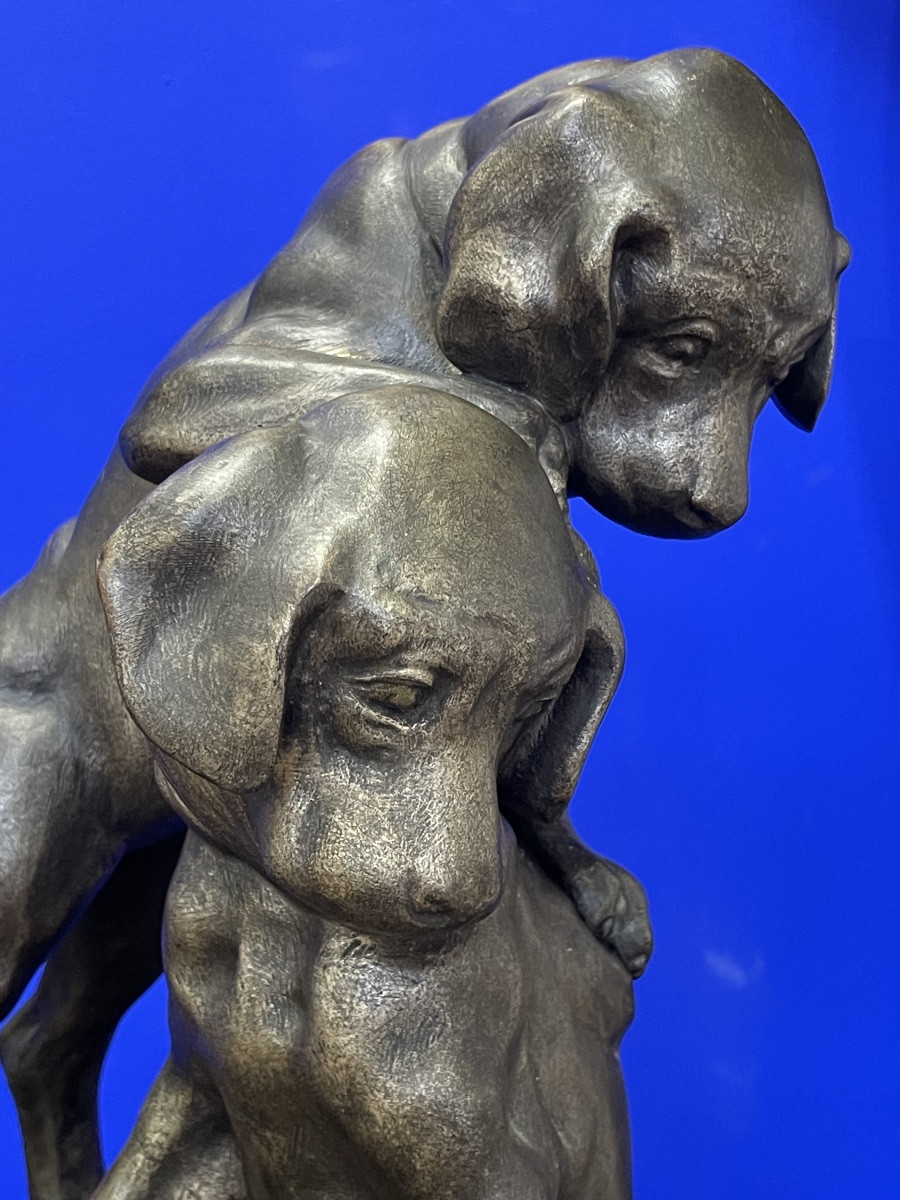 Vacossin Georges Lucien (1870 - 1942) The Two Puppies On The Lookout For A Beetle - Bronze -photo-3