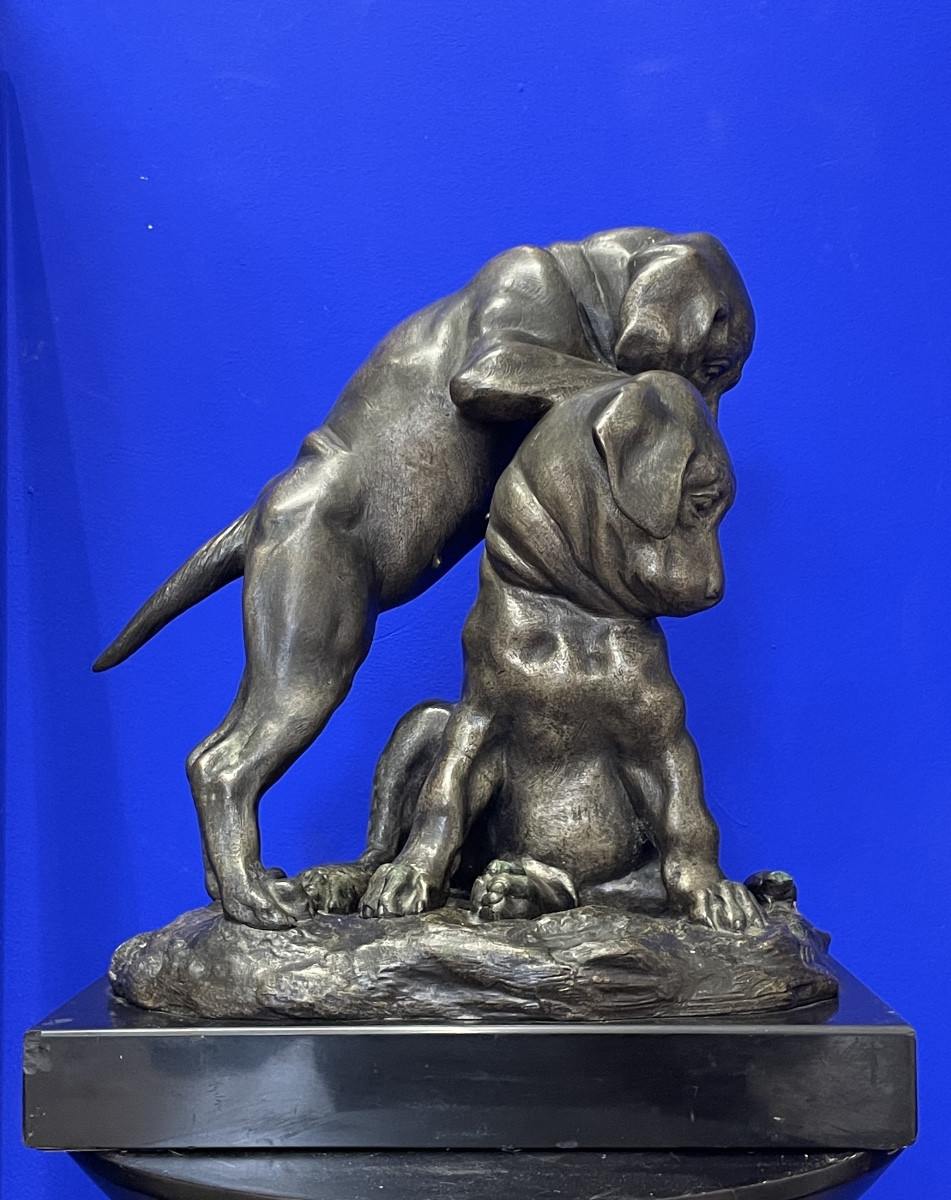 Vacossin Georges Lucien (1870 - 1942) The Two Puppies On The Lookout For A Beetle - Bronze 