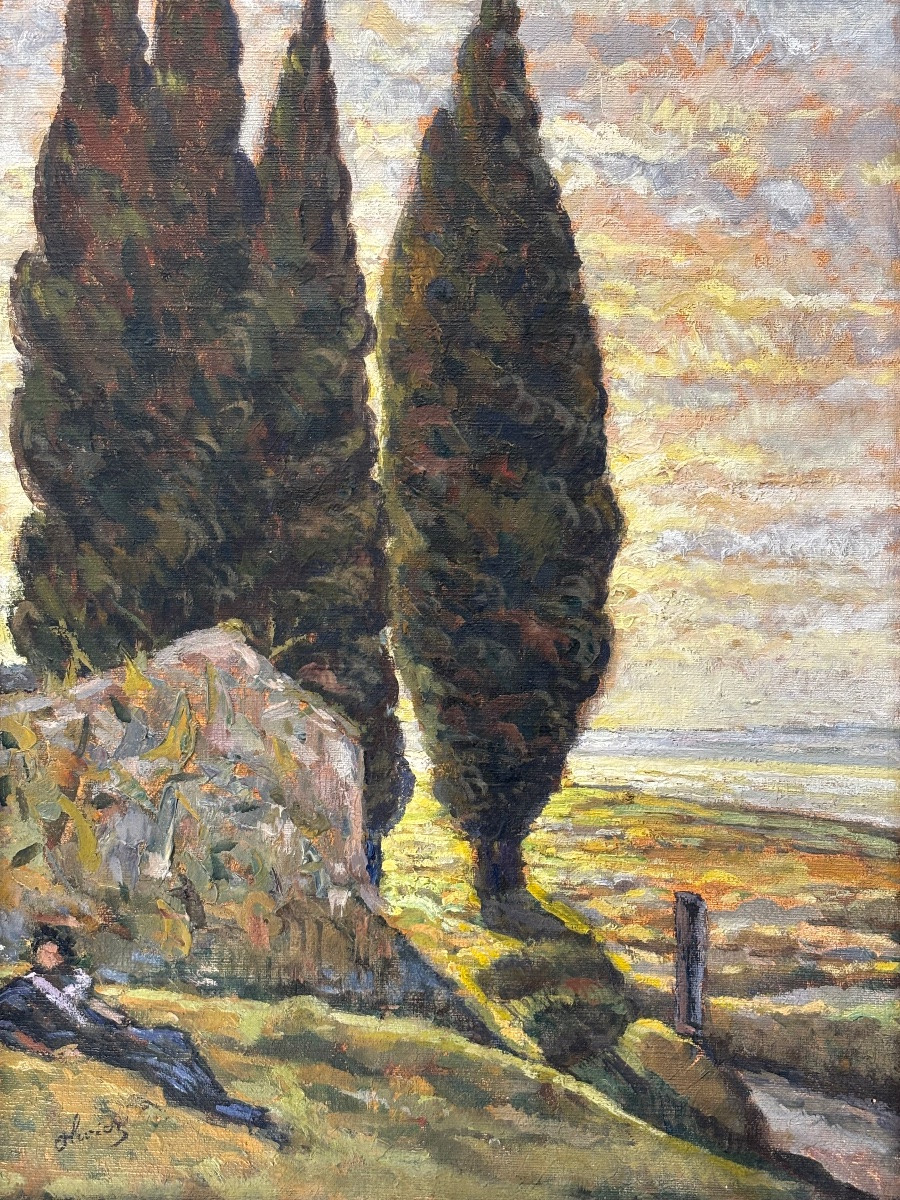 Ferdinand OLIVIER ( 1873 - 1957) les Cyprès 1922 - tableau Huile sur toile Provence -photo-4