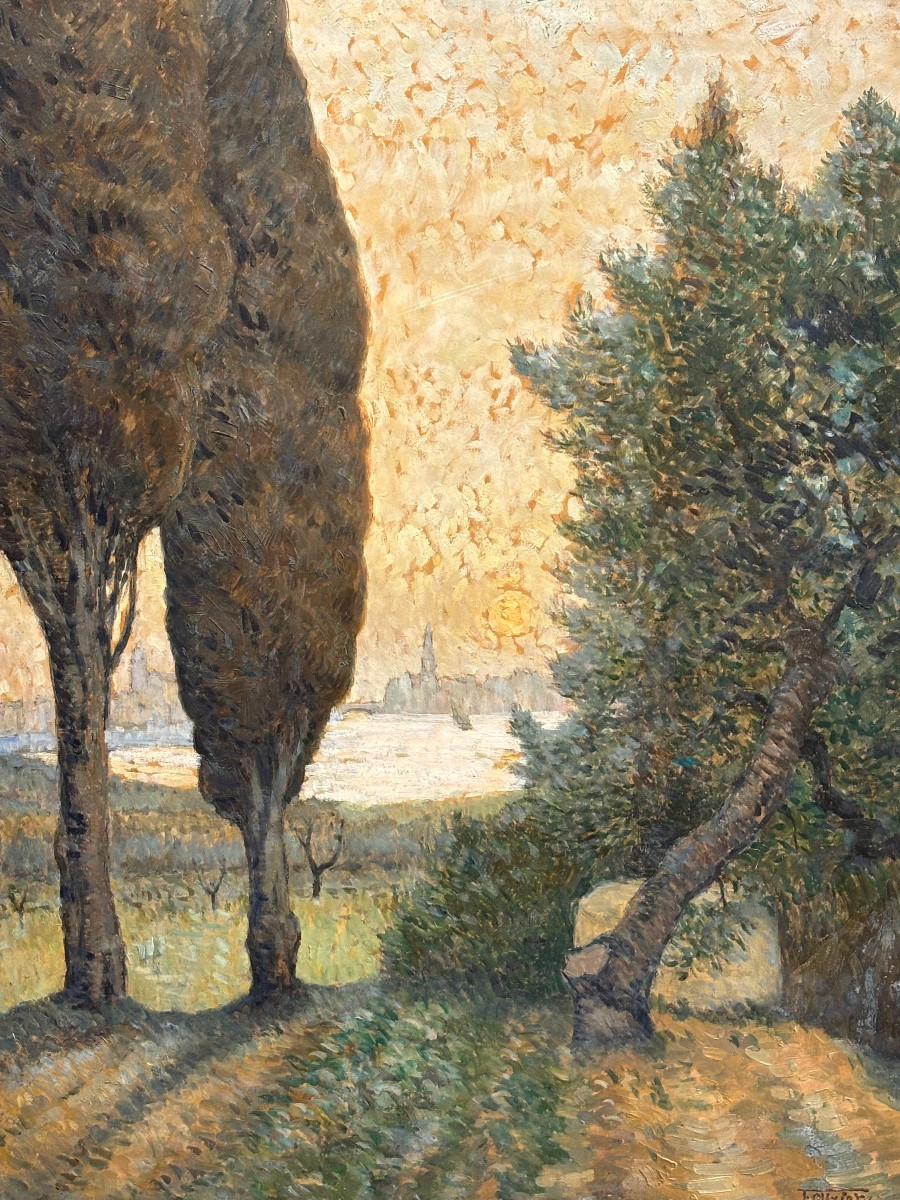 Ferdinand Olivier ( 1873 - 1957) Sunset - Oil On Canvas Pointillism-photo-2