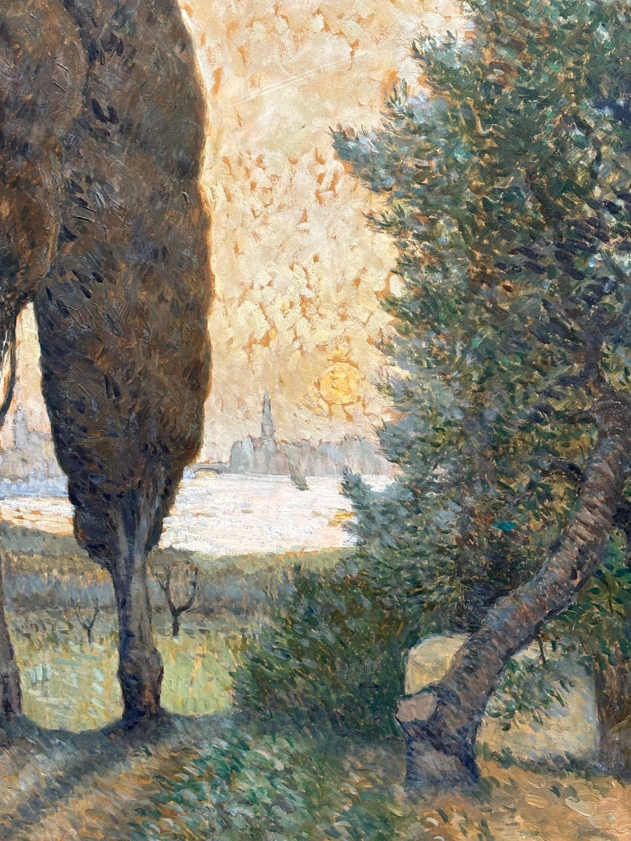 Ferdinand Olivier ( 1873 - 1957) Sunset - Oil On Canvas Pointillism-photo-3