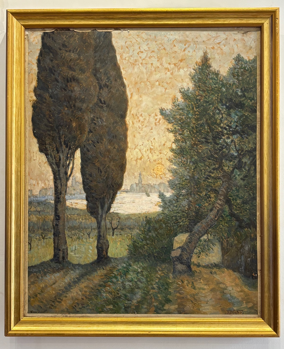 Ferdinand Olivier ( 1873 - 1957) Sunset - Oil On Canvas Pointillism