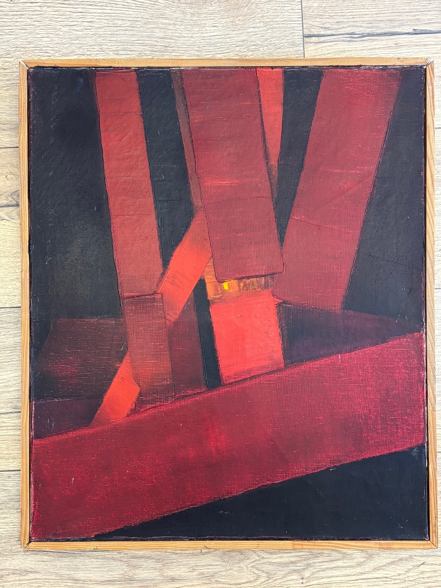 Jean - Pierre Floch ( 1937 - 2015) Painting Abstract Composition Red And Black-photo-3