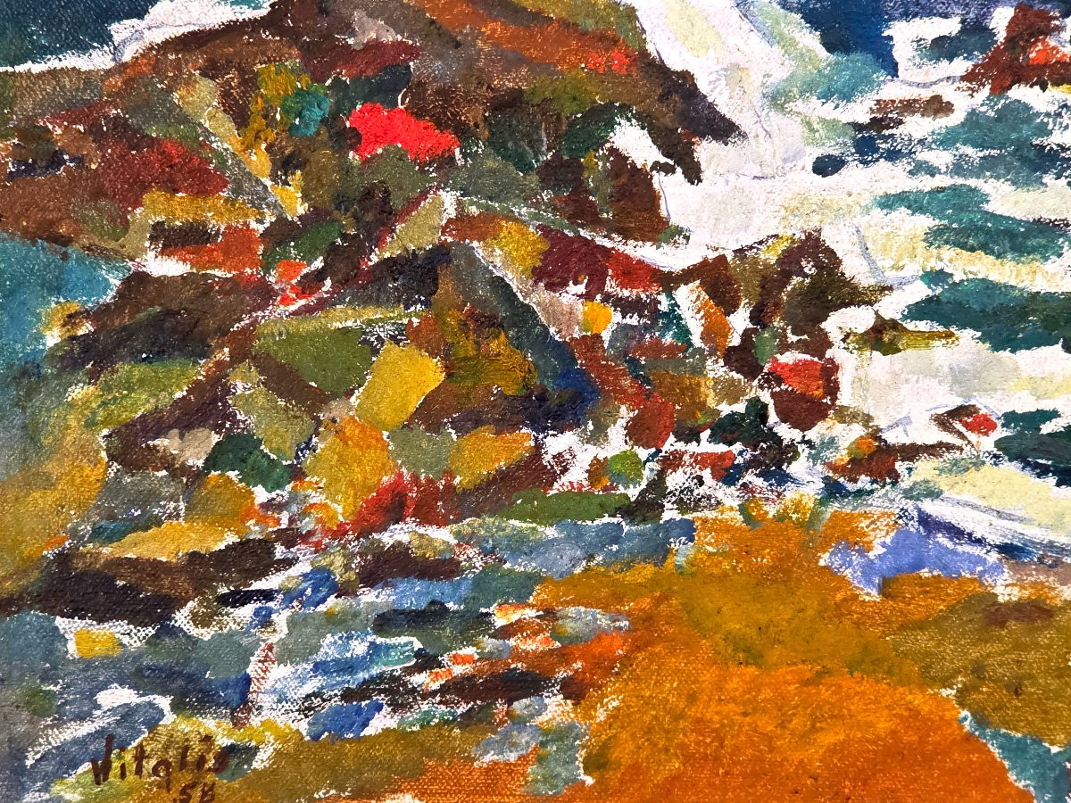 Tableau huile Bord de mer Bretagne Plougastel Daoulas signé Macario Vitalis -photo-2