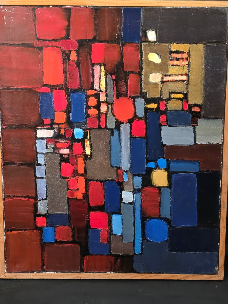 Abstract Cubist Oil Painting Signed Jean-pierre Floch (1937-2015)-photo-2