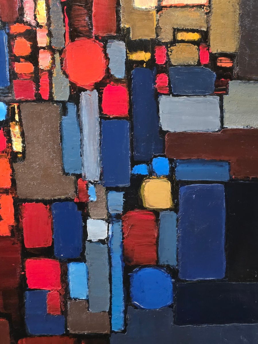 Abstract Cubist Oil Painting Signed Jean-pierre Floch (1937-2015)-photo-2