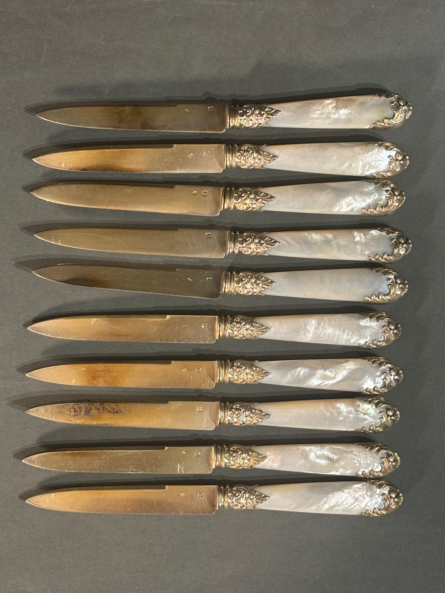 Henri SOUFFLOT orfèvre - suite de 10 couteaux à fruit en argent vermeil et nacre -photo-3