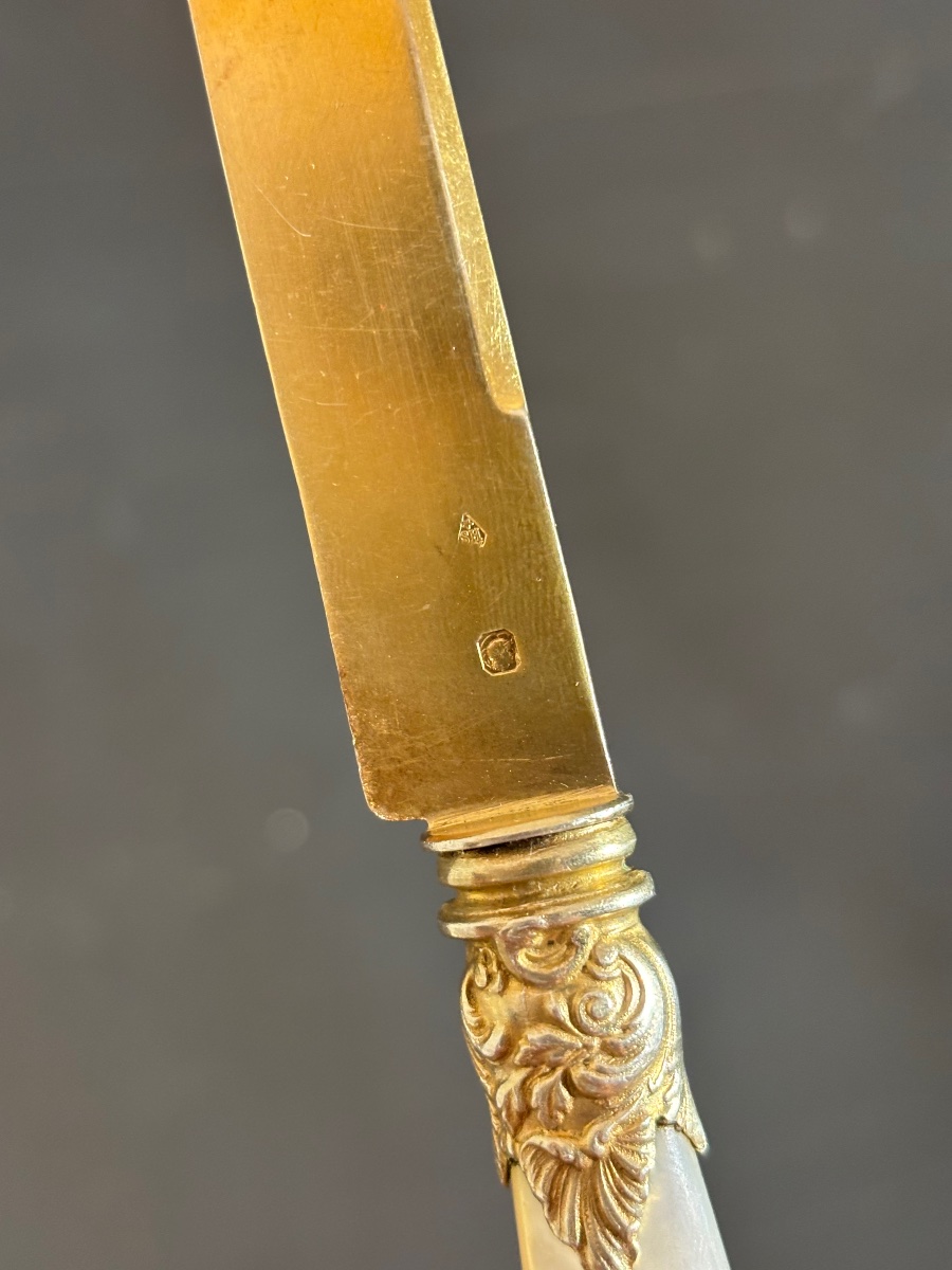 Henri SOUFFLOT orfèvre - suite de 10 couteaux à fruit en argent vermeil et nacre -photo-4