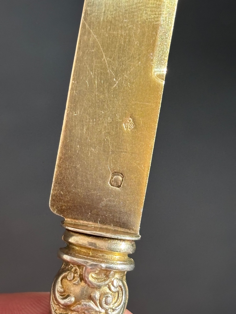 Henri SOUFFLOT orfèvre - suite de 10 couteaux à fruit en argent vermeil et nacre -photo-5