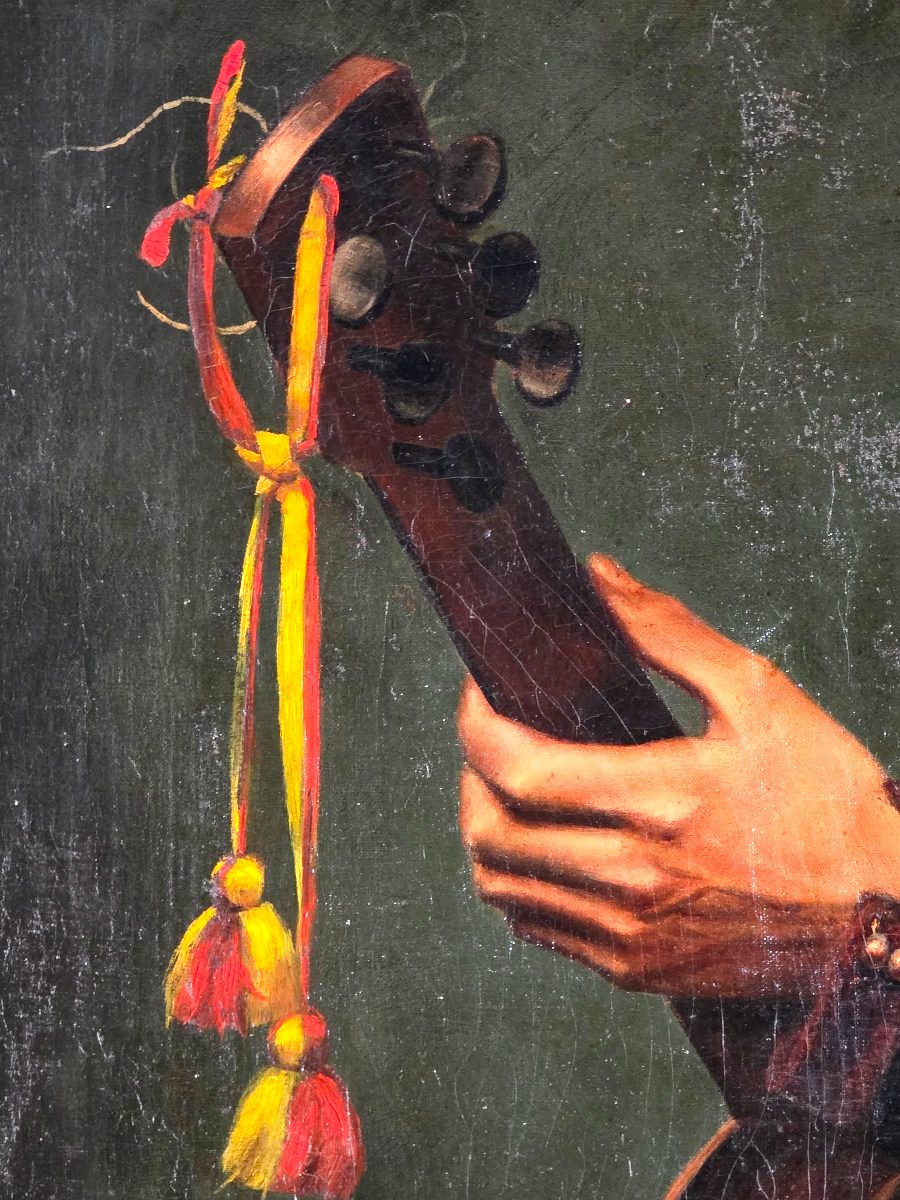 Large Painting Of A Man Playing The Guitar From The Late 19th Century, Dated 1885 And Signed -photo-3