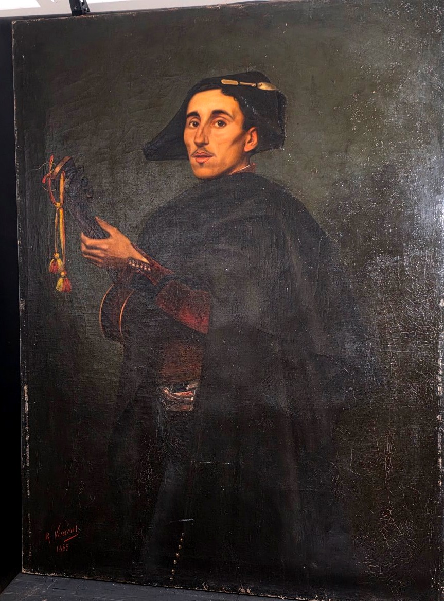 Large Painting Of A Man Playing The Guitar From The Late 19th Century, Dated 1885 And Signed -photo-4