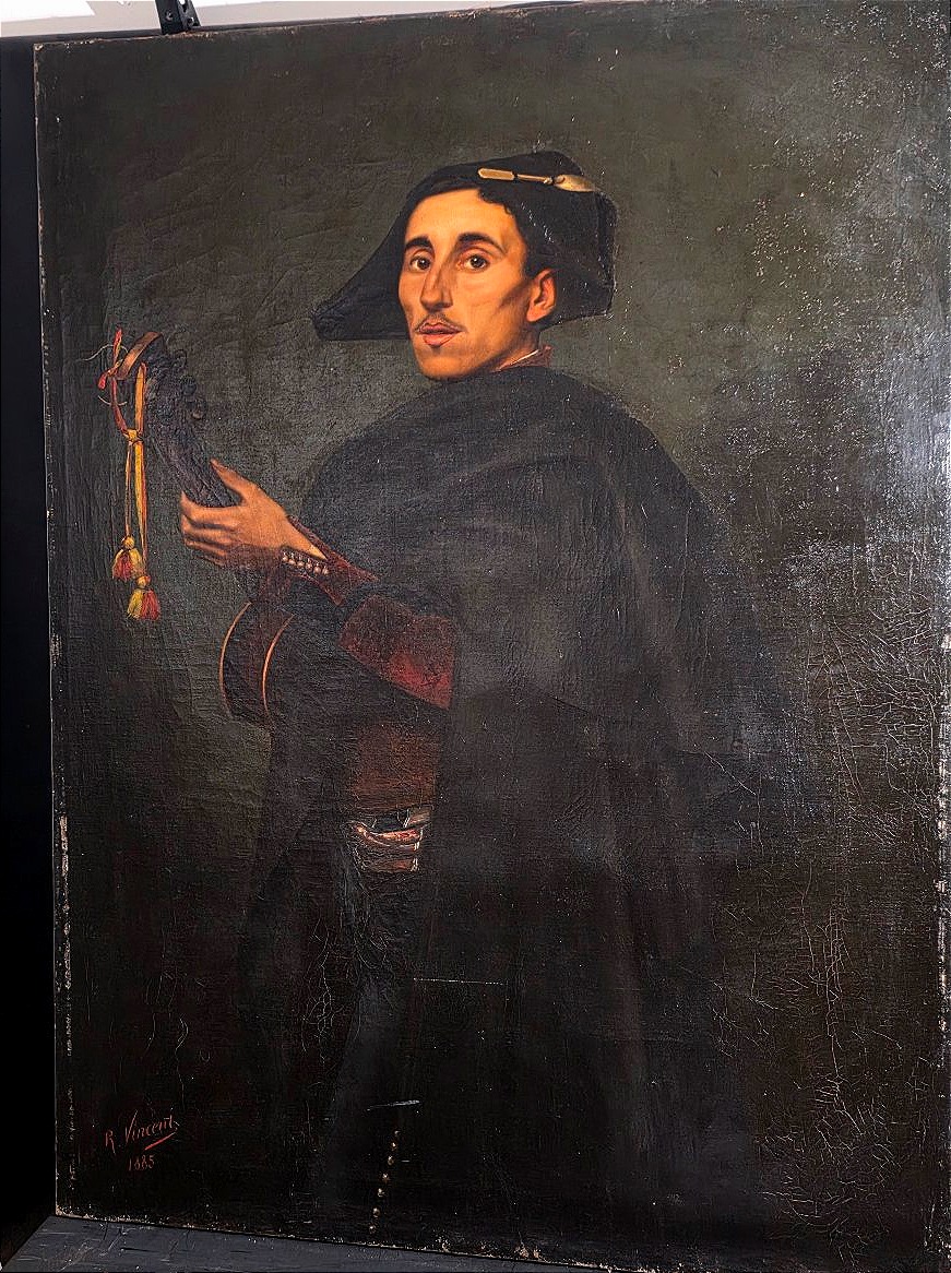 Large Painting Of A Man Playing The Guitar From The Late 19th Century, Dated 1885 And Signed 