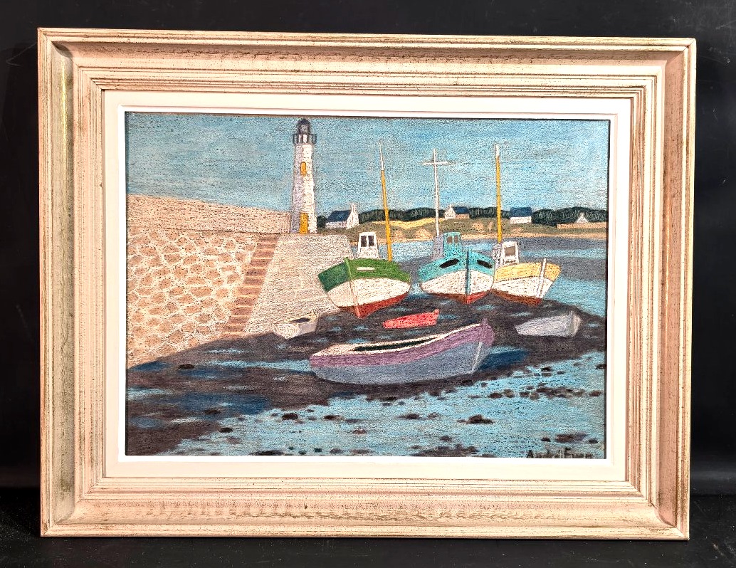 Tableau signé André EVEN (1918-1997) Huile Technique Mixte Port Breton Phare