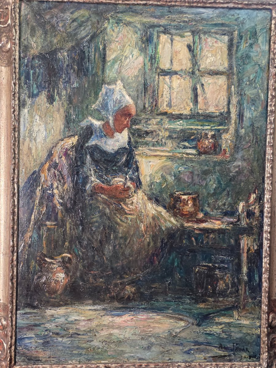 Tableau ancien huile Intérieur signé Armand JAMMAR Bretonne Hollandaise -photo-3
