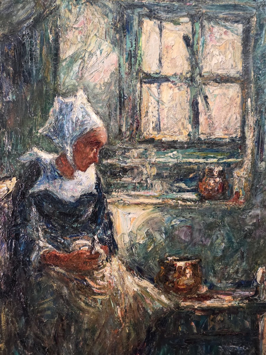 Tableau ancien huile Intérieur signé Armand JAMMAR Bretonne Hollandaise -photo-4