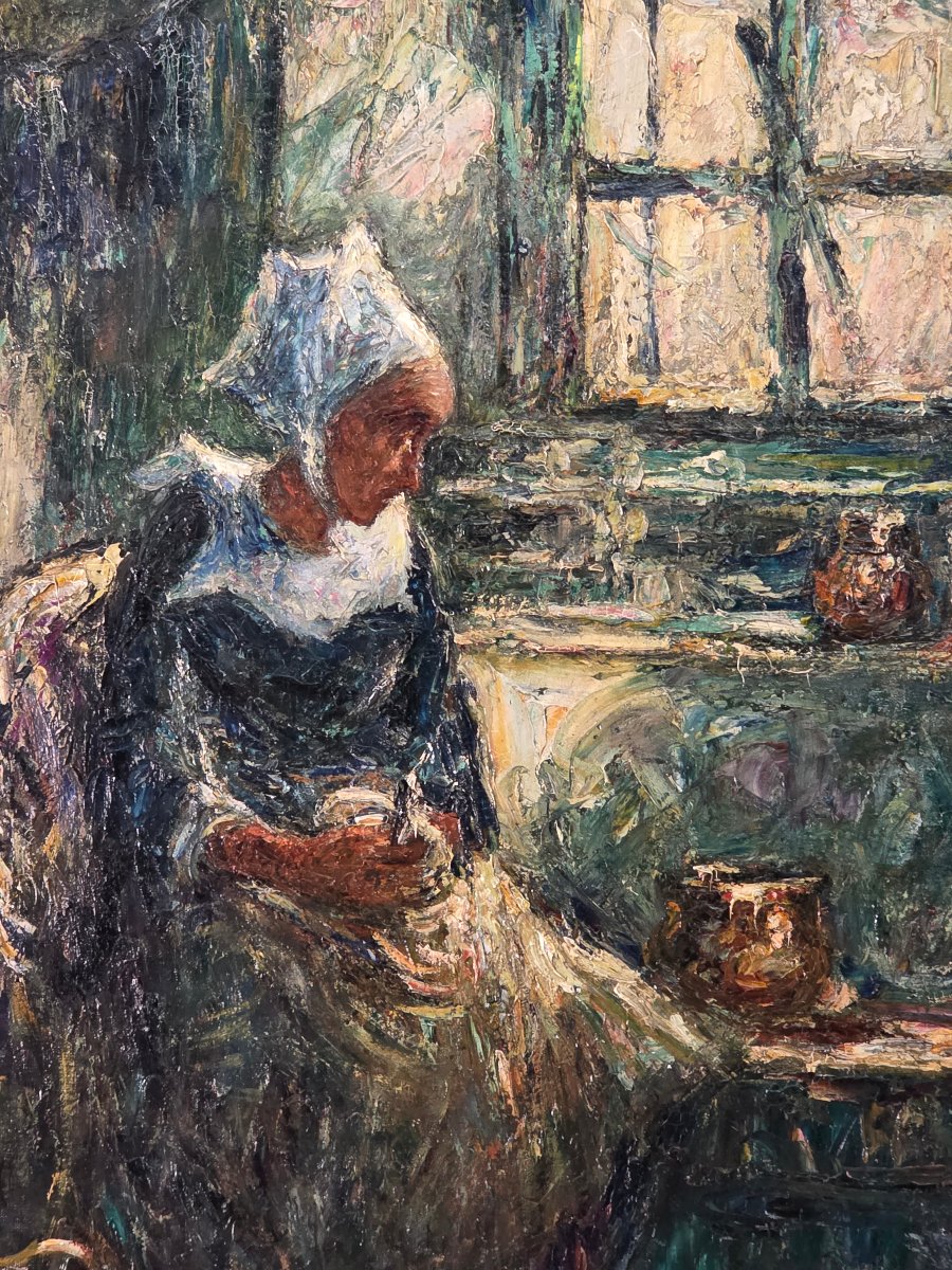 Tableau ancien huile Intérieur signé Armand JAMMAR Bretonne Hollandaise -photo-1