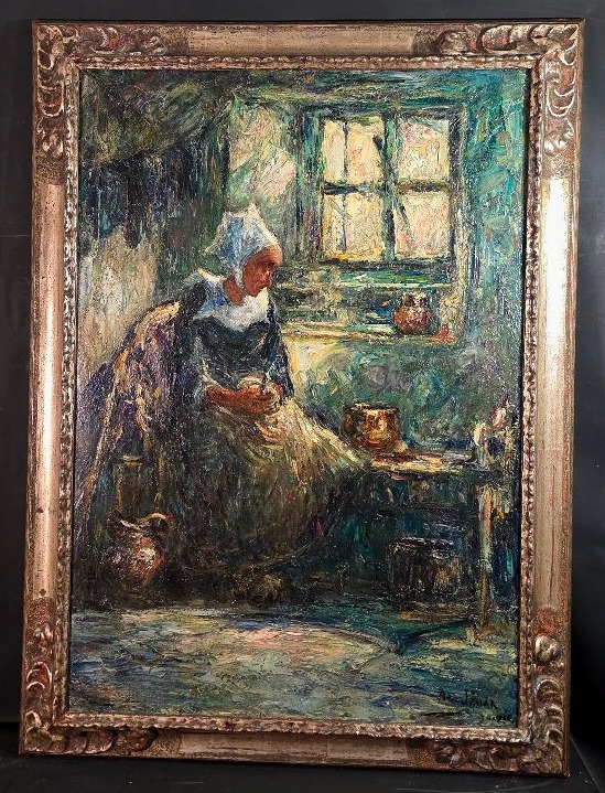 Tableau ancien huile Intérieur signé Armand JAMMAR Bretonne Hollandaise 