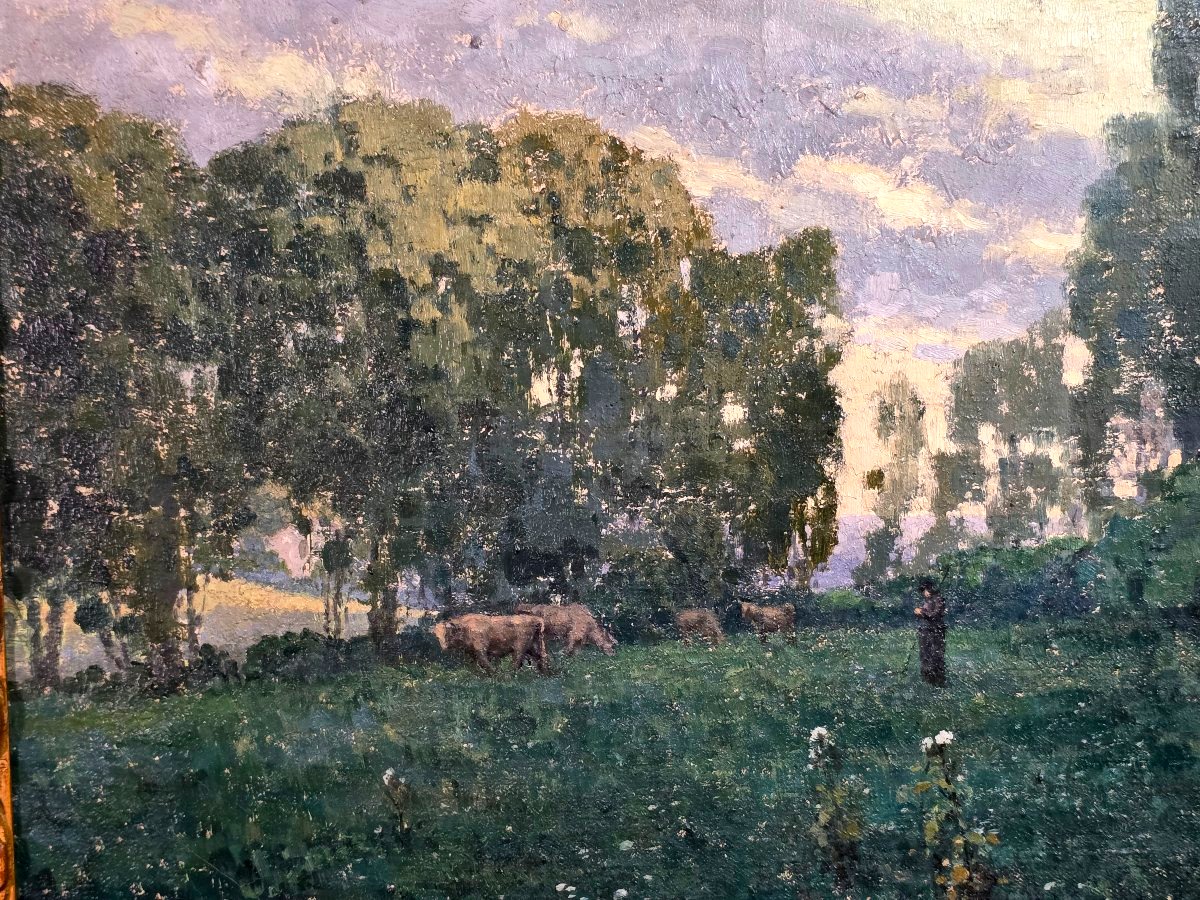 Oil Painting *bèrgère Cows* Signed By Ivan Escribe (1913–1990), Post-impressionism-photo-4