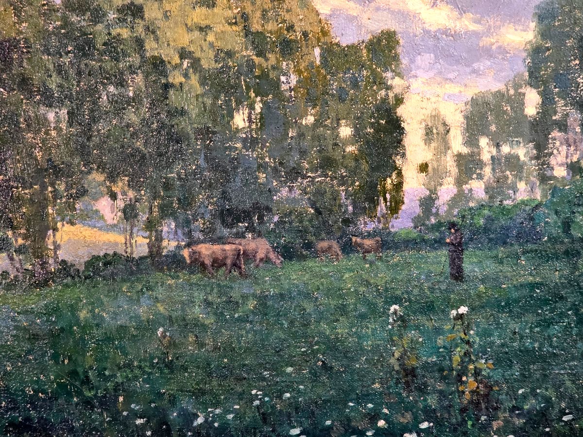 Oil Painting *bèrgère Cows* Signed By Ivan Escribe (1913–1990), Post-impressionism-photo-1