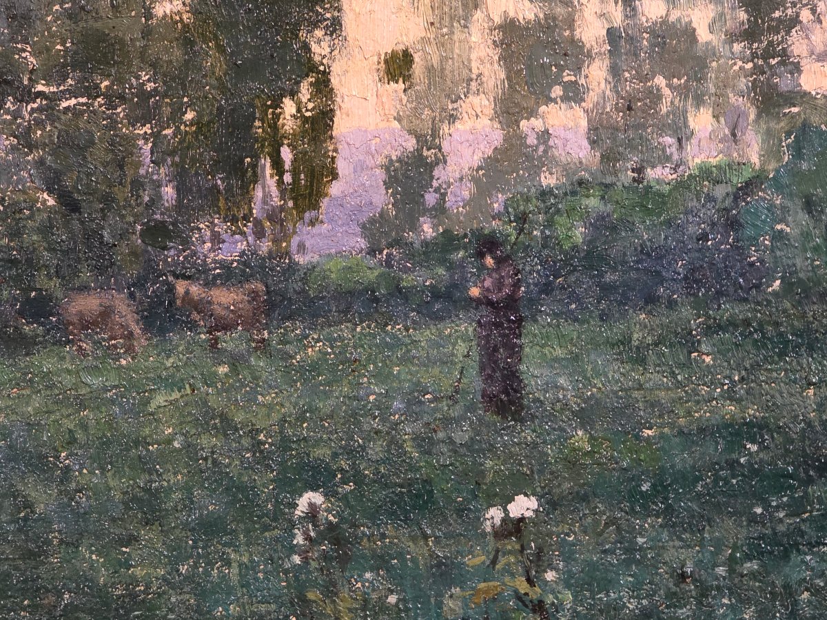 Oil Painting *bèrgère Cows* Signed By Ivan Escribe (1913–1990), Post-impressionism-photo-2