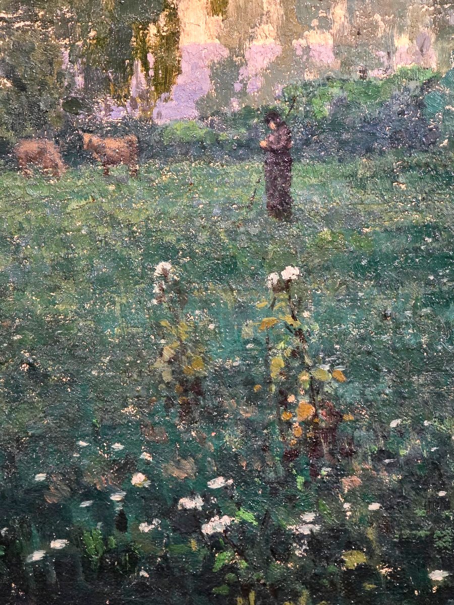 Oil Painting *bèrgère Cows* Signed By Ivan Escribe (1913–1990), Post-impressionism-photo-3
