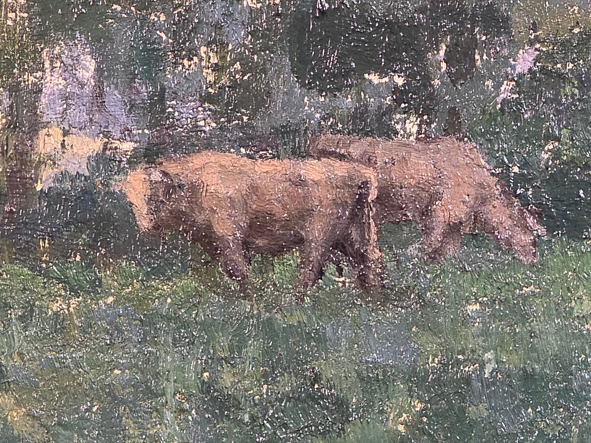 Oil Painting *bèrgère Cows* Signed By Ivan Escribe (1913–1990), Post-impressionism-photo-4