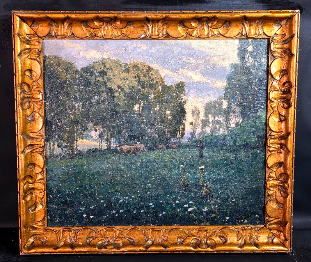 Oil Painting *bèrgère Cows* Signed By Ivan Escribe (1913–1990), Post-impressionism