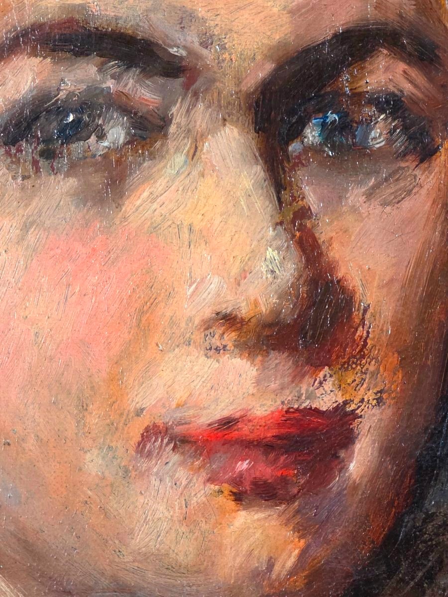 Tableau Portrait de dame par Paul Hannaux (1897-1954) époque Art Déco 1920/1930-photo-2