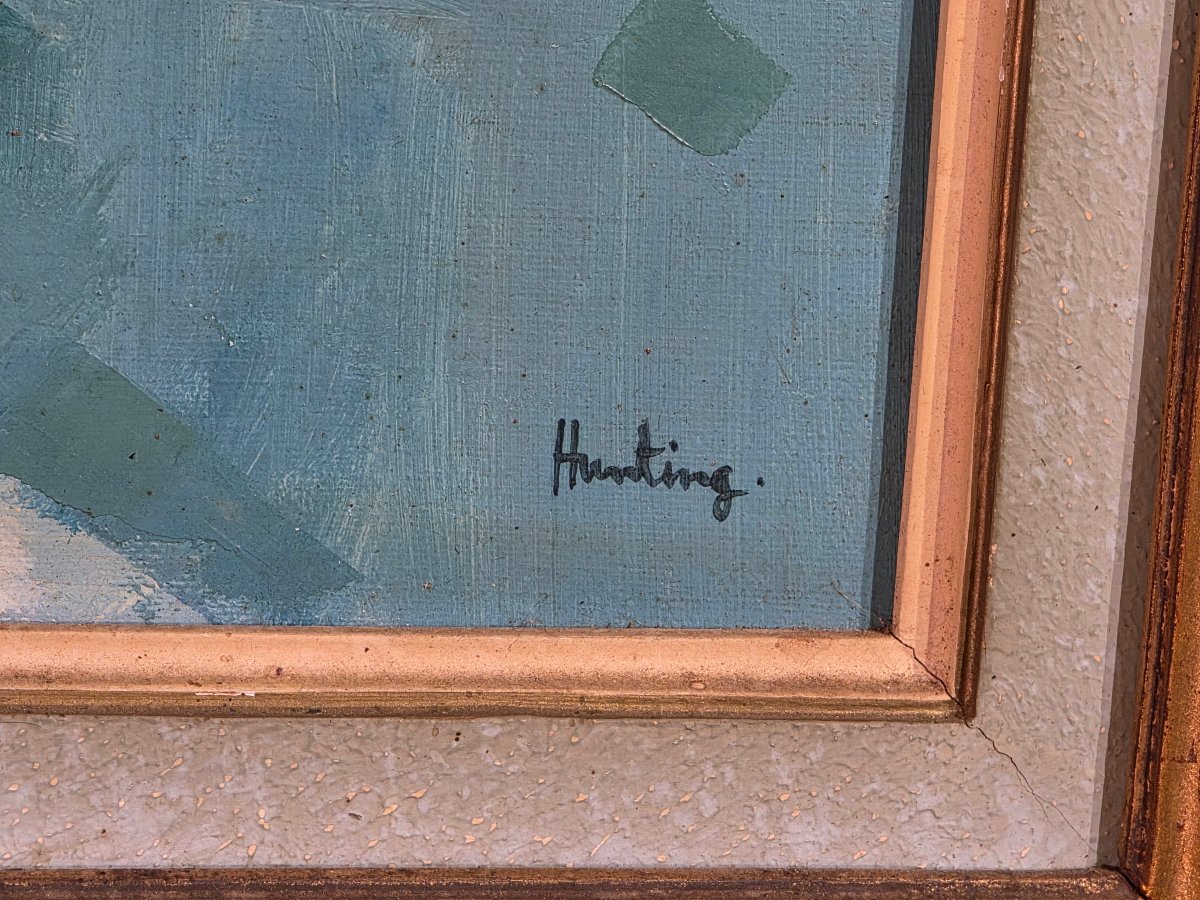 Tableau huile sur toile ferme bleue en Normandie signé Leonard Hunting XXème-photo-2