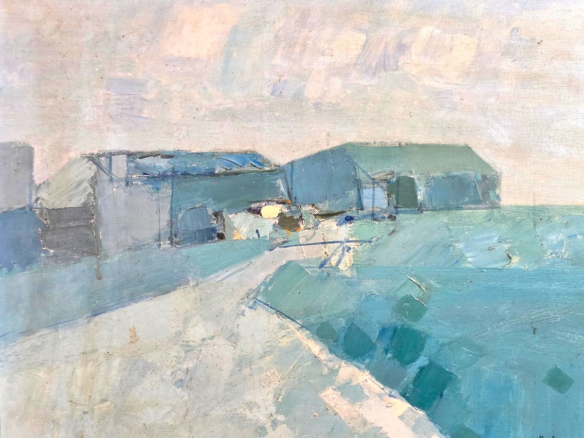 Tableau huile sur toile ferme bleue en Normandie signé Leonard Hunting XXème-photo-2